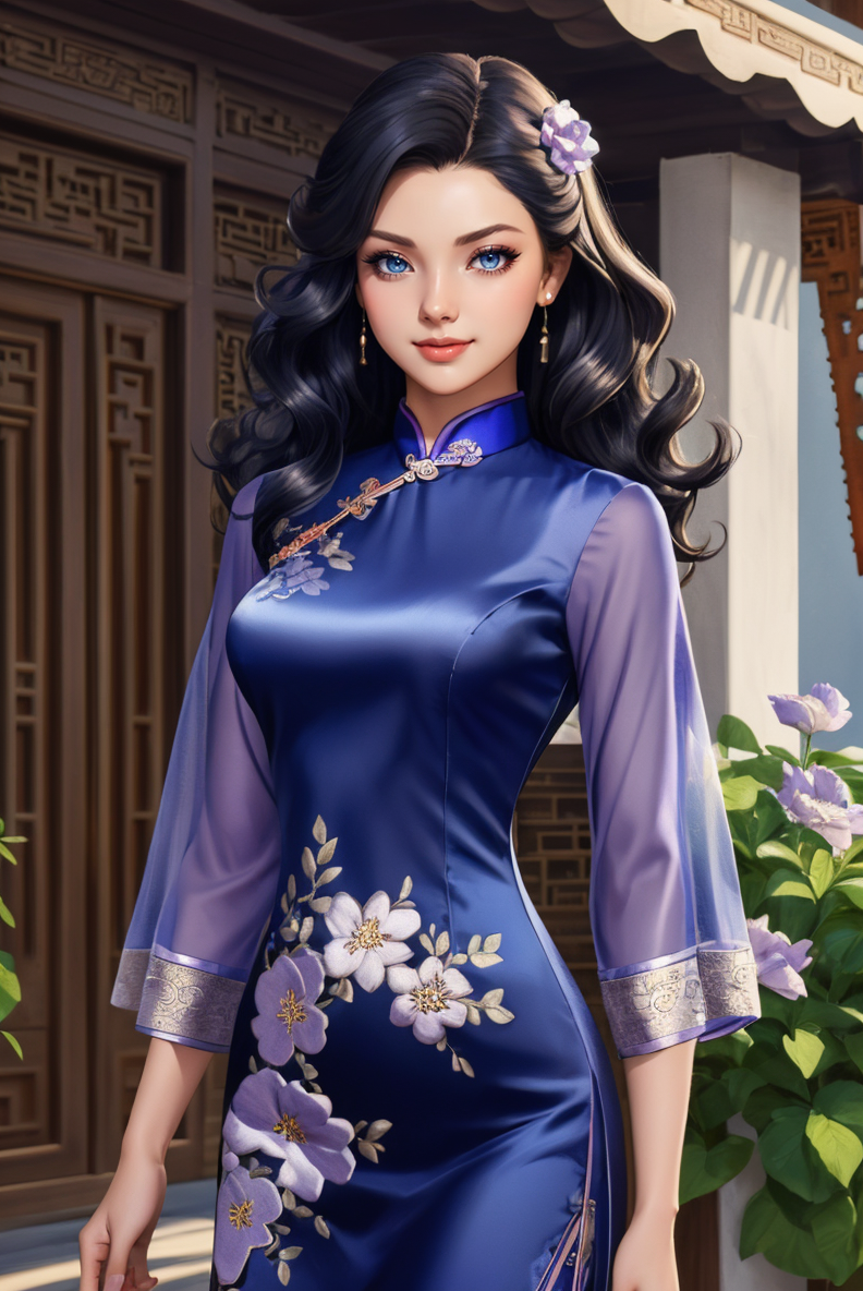 00174-Concept Art for Video Games cowboy shot, (black wavy hair_1.3), woman,  smile, ch30ngs4m_1,  blue long silk cheongsam, silver an.png